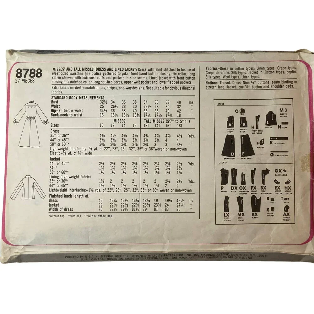 Vtg Jacket Dress Pattern Miss 10 Simplicity 8788 Long Lined Classic Minimalist
