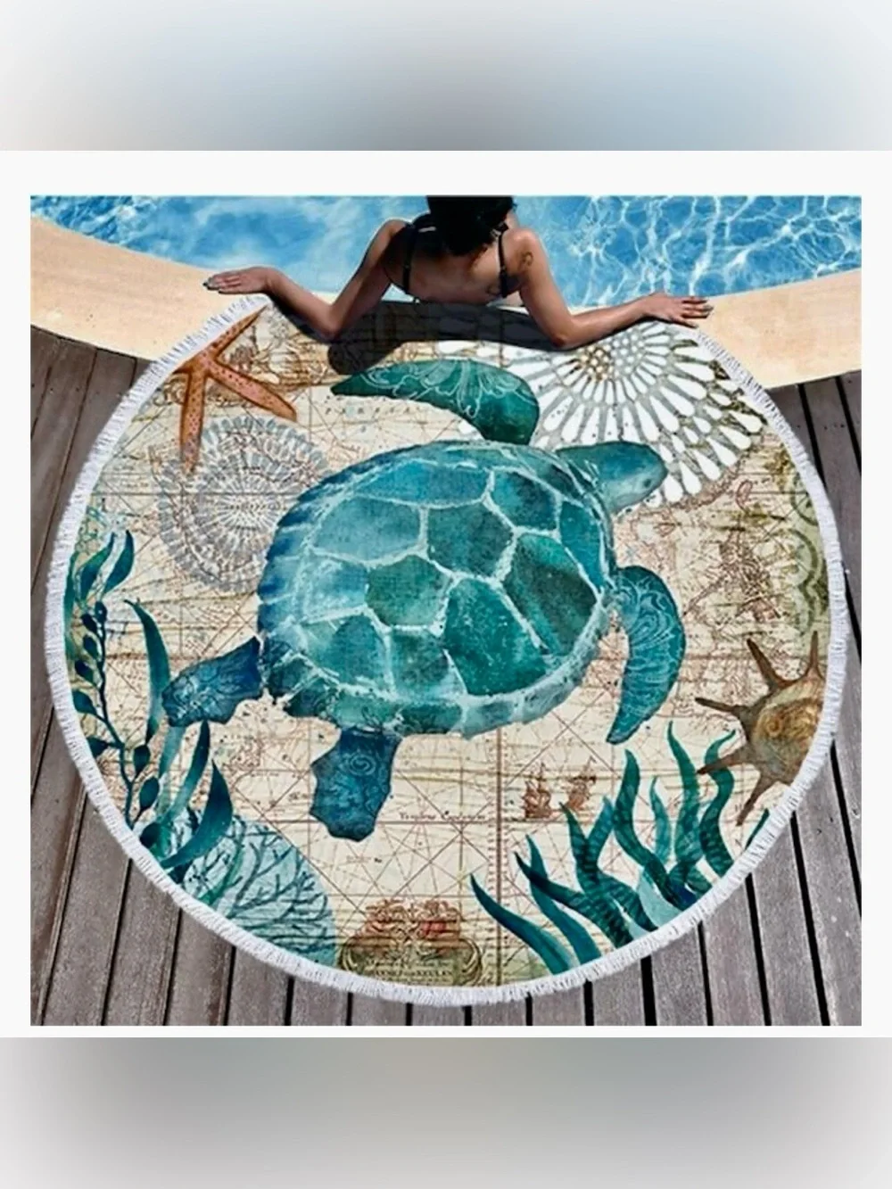 Extra Large Round Beach Towel Blanket * Sea Turtle * Tassel Fringe * 60
