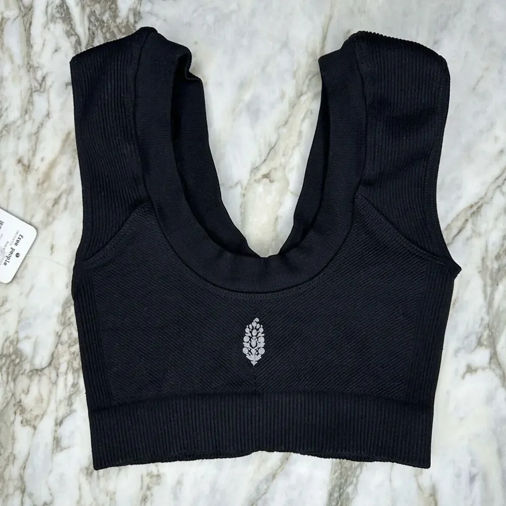 FREE PEOPLE MOVEMENT Scrunch Front Ribbed Sports Bra Crop Top Black Size XS/S
