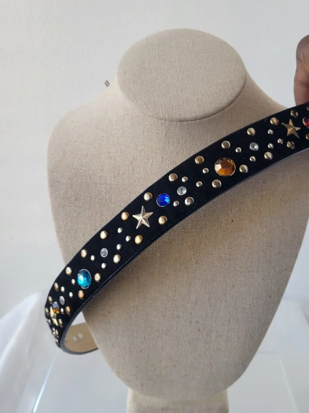 Rhinestone Star-Studded Black Velvet Metal Disco Glam Rocker Belt (Size: S/M)