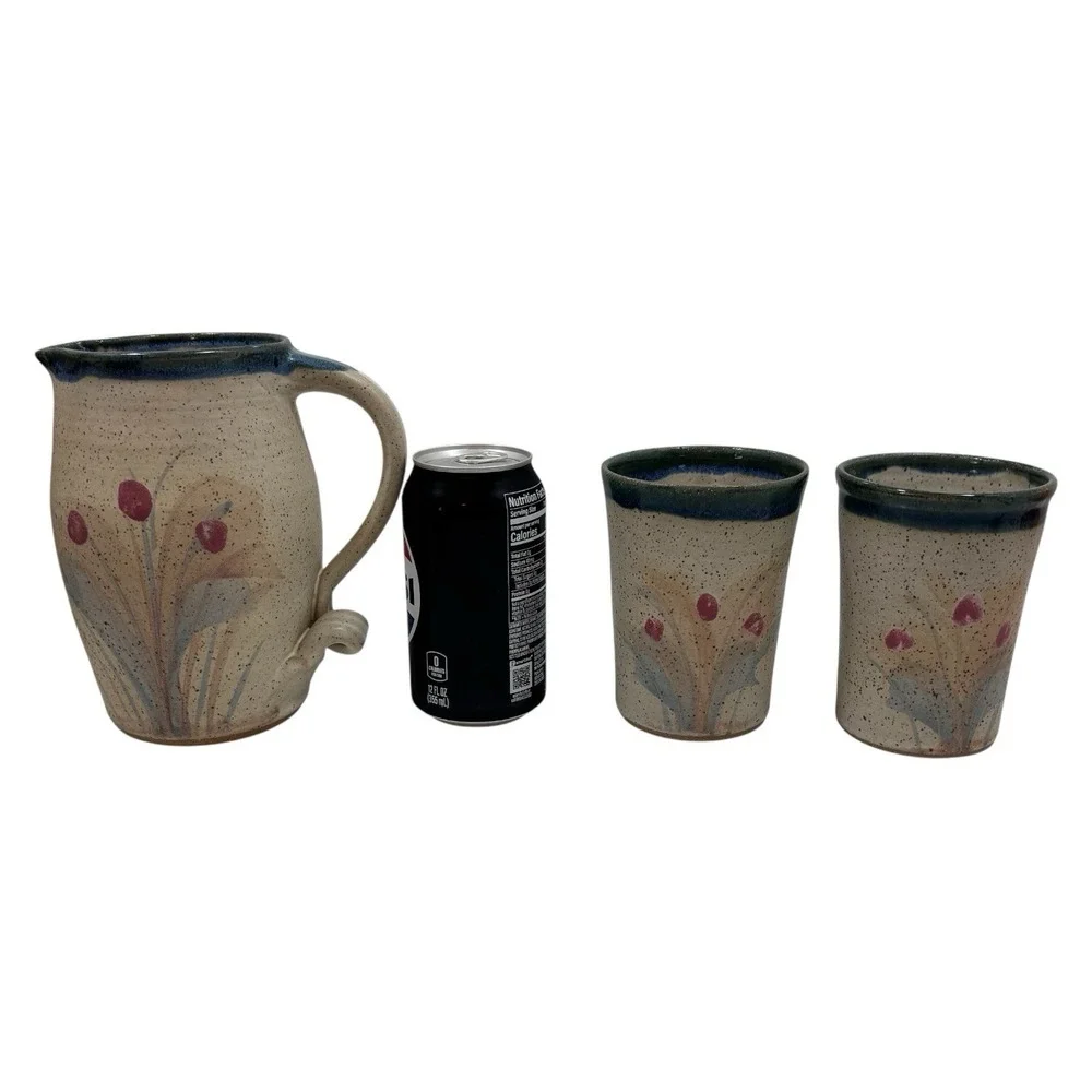 Vintage Pottery‎ Floral Pitcher Cups by Russell Wood of Seagrove NC Signed 2005