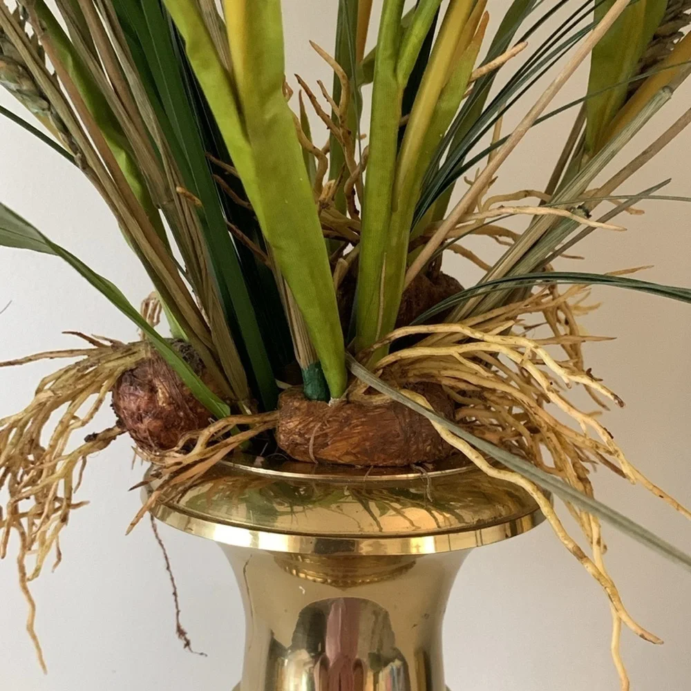 Brass pedestal‎ vase calla Lilly arrangements dry and faux greenery home decor
