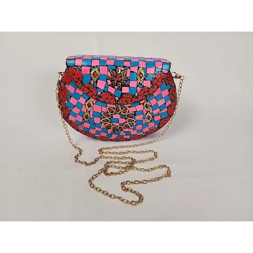 Ramla Mosaic Handmade Bag Pink Blue‎ with Detachable Chain Strap Selling Sunset