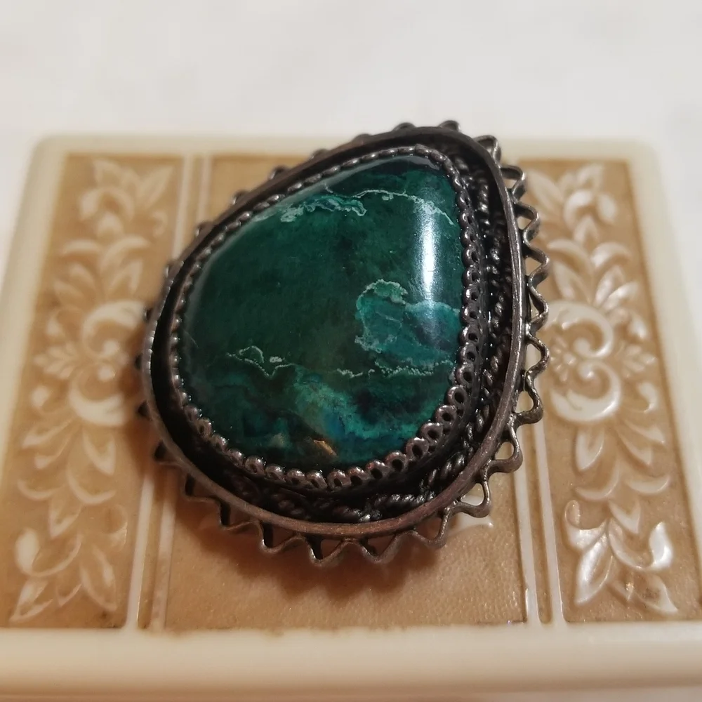 Antique 935 Sterling Silver Signed Malachite Pendant Brooch
