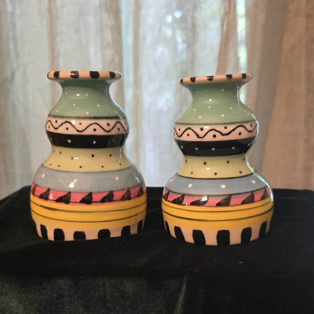 KMM Art Pottery Colorful Taper‎ Candlestick Holders Signed Whimsical