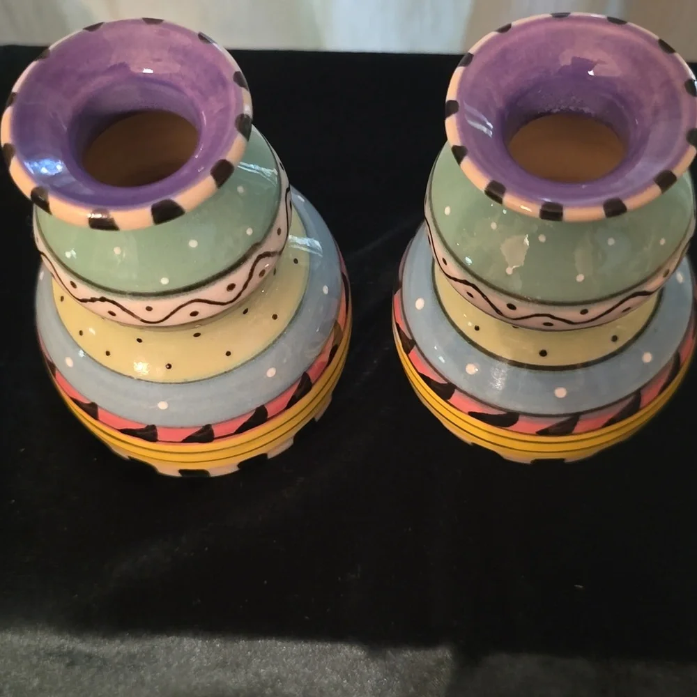 KMM Art Pottery Colorful Taper‎ Candlestick Holders Signed Whimsical