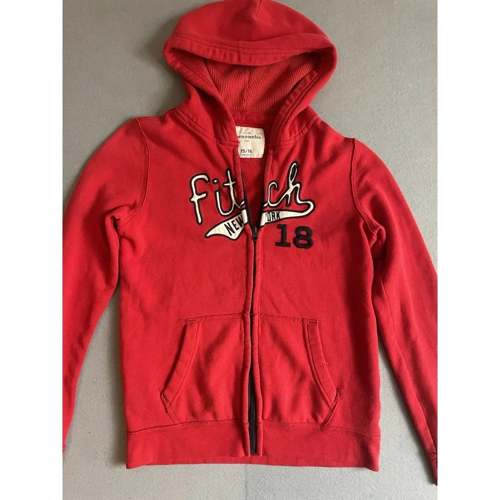 Abercrombie‎ & Fitch 14/16 Kids Zip Hoodie Sweatshirt Red Y2K NY Holiday Unisex