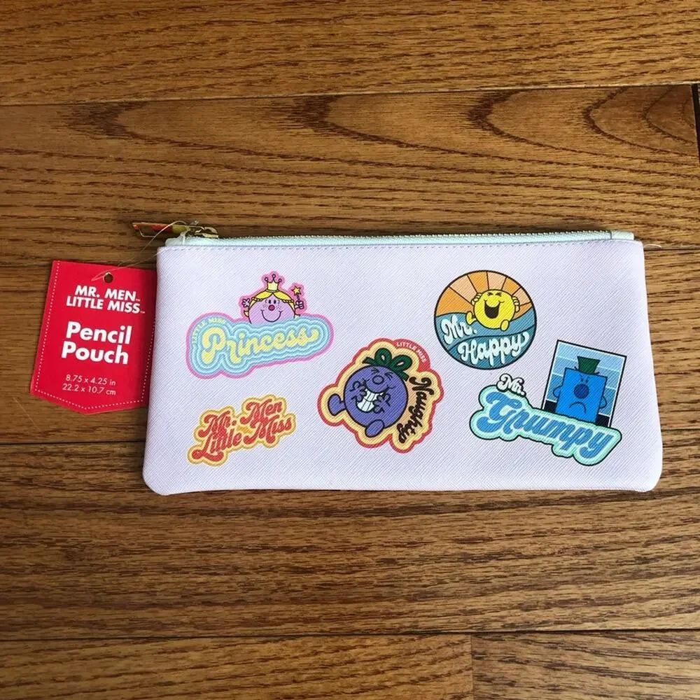 Little Miss Pink Pencil Accessories Pouch with Fun Characters Faux Leather NWT