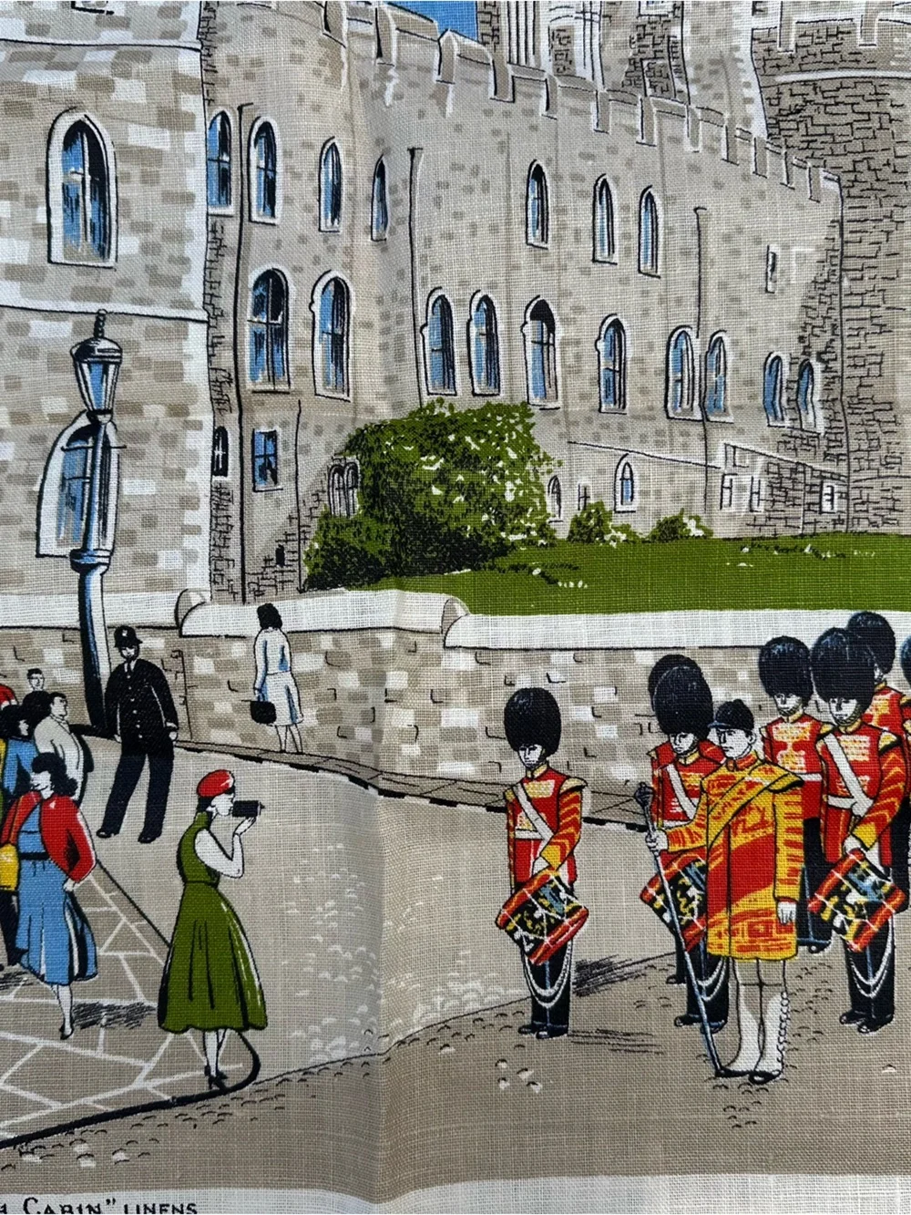 Vintage Irish Cabins Linen Souvenir Tea Towel Windsor Castle Irish Guards' Band