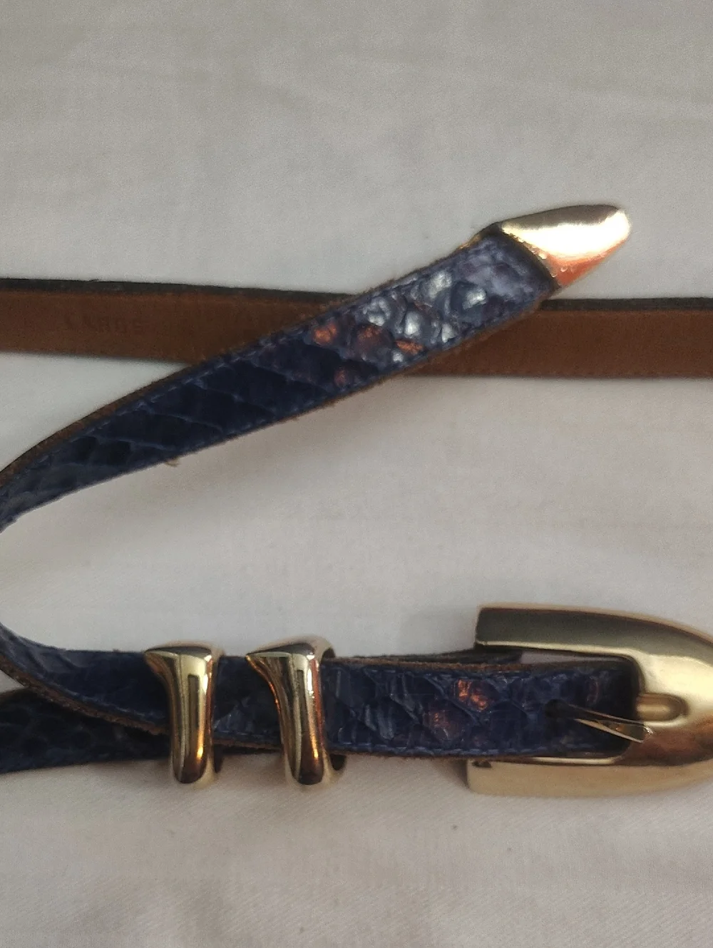 Apple Blue Vintage Snake-Embossed Leather Belt with Gold Buckle