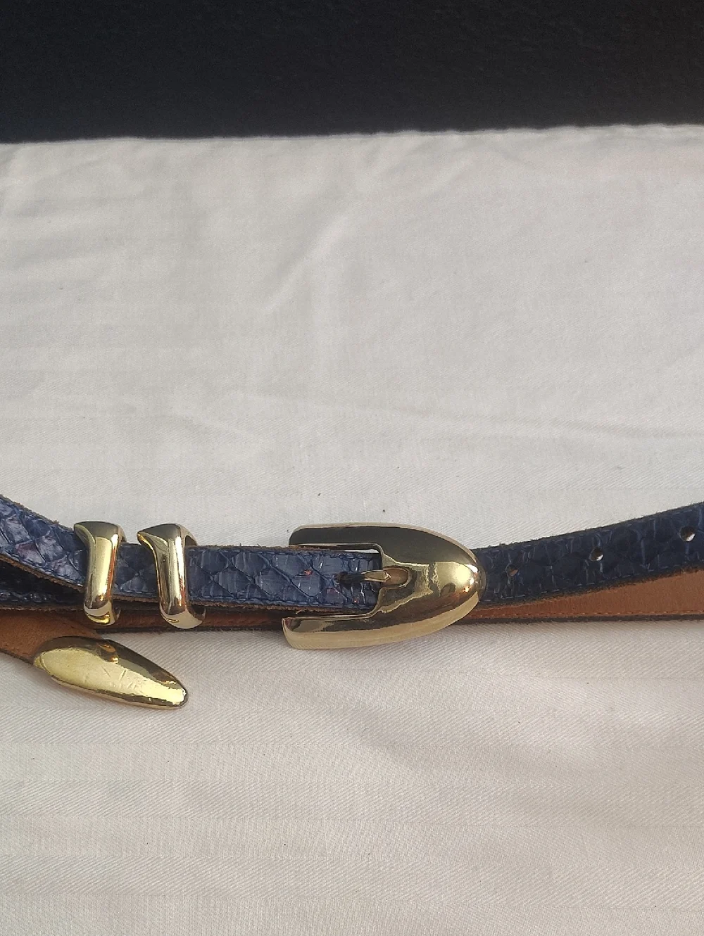 Apple Blue Vintage Snake-Embossed Leather Belt with Gold Buckle