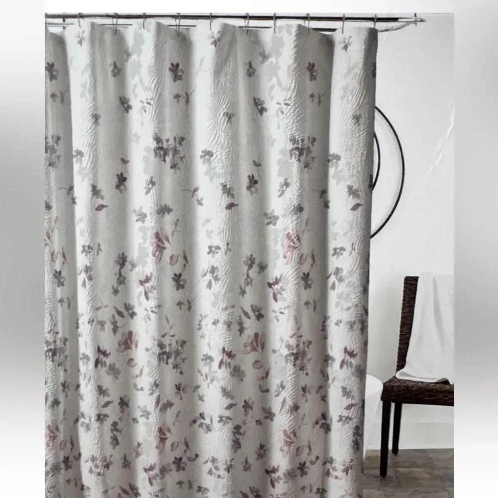 DKNY “Jasper” White Textured Fabric Shower Curtain w/Multicolor Floral Designs