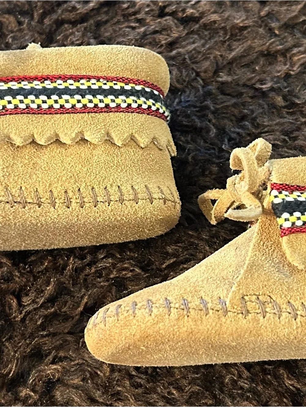 Tan Suede Minnetonka Moccasin Baby Booties w/ Colorful Trim Baby/InfantSize 4