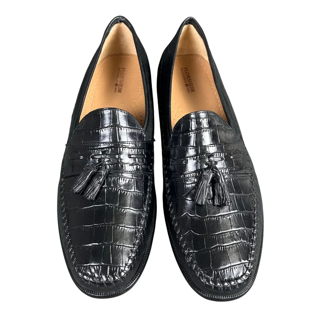 Florsheim Pica Mens Black Croc Embossed Leather Tassel Loafers Dress Shoes 13D