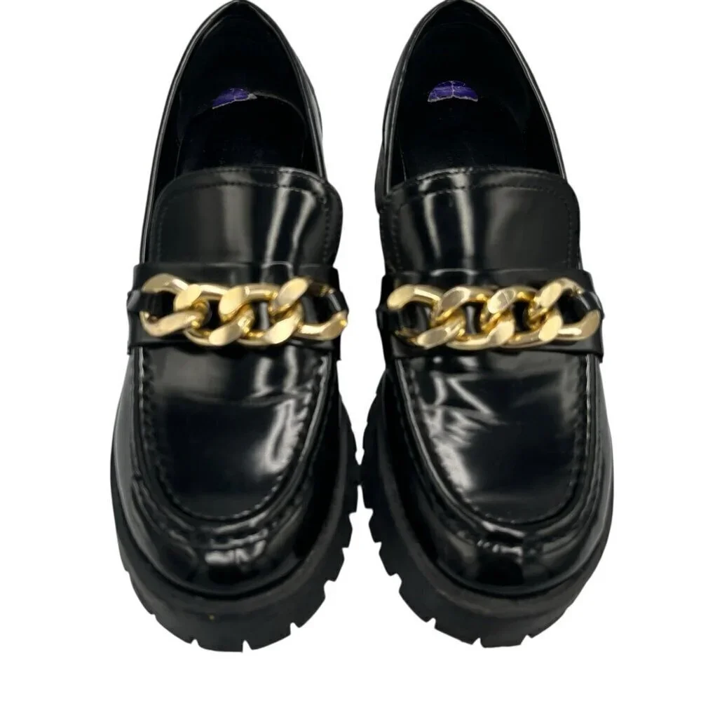 GUESS Womens 8.5 M Hillford Chunky Black Patent Leather Platform Loafer Lug Sole