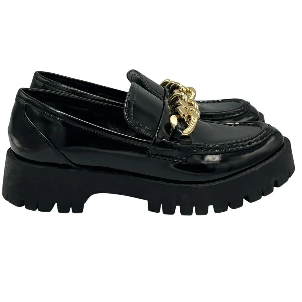 GUESS Womens 8.5 M Hillford Chunky Black Patent Leather Platform Loafer Lug Sole