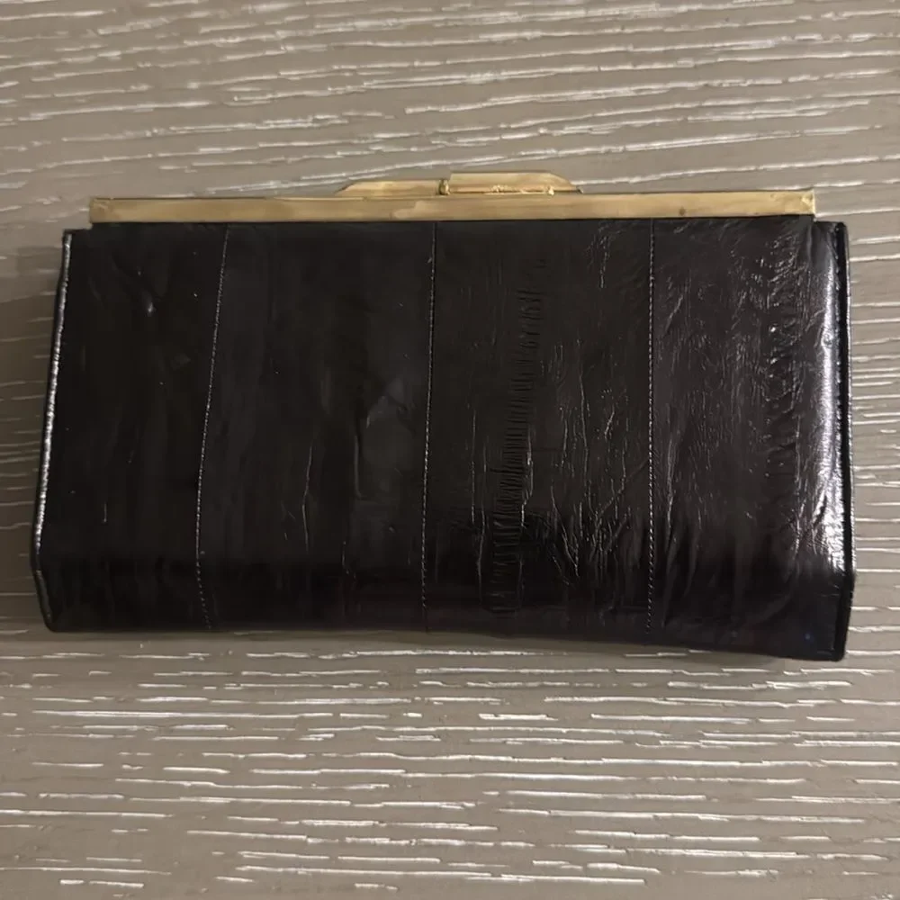 VINTAGE 1980s Brown Gold-Tone Structured EEL Skin Multi Compartment Snap Wallet