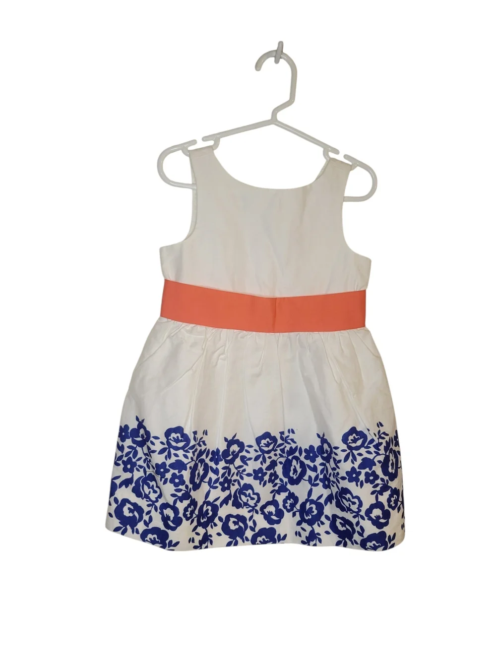 Janie and Jack White Dress with Blue Floral Border and Coral Waistband