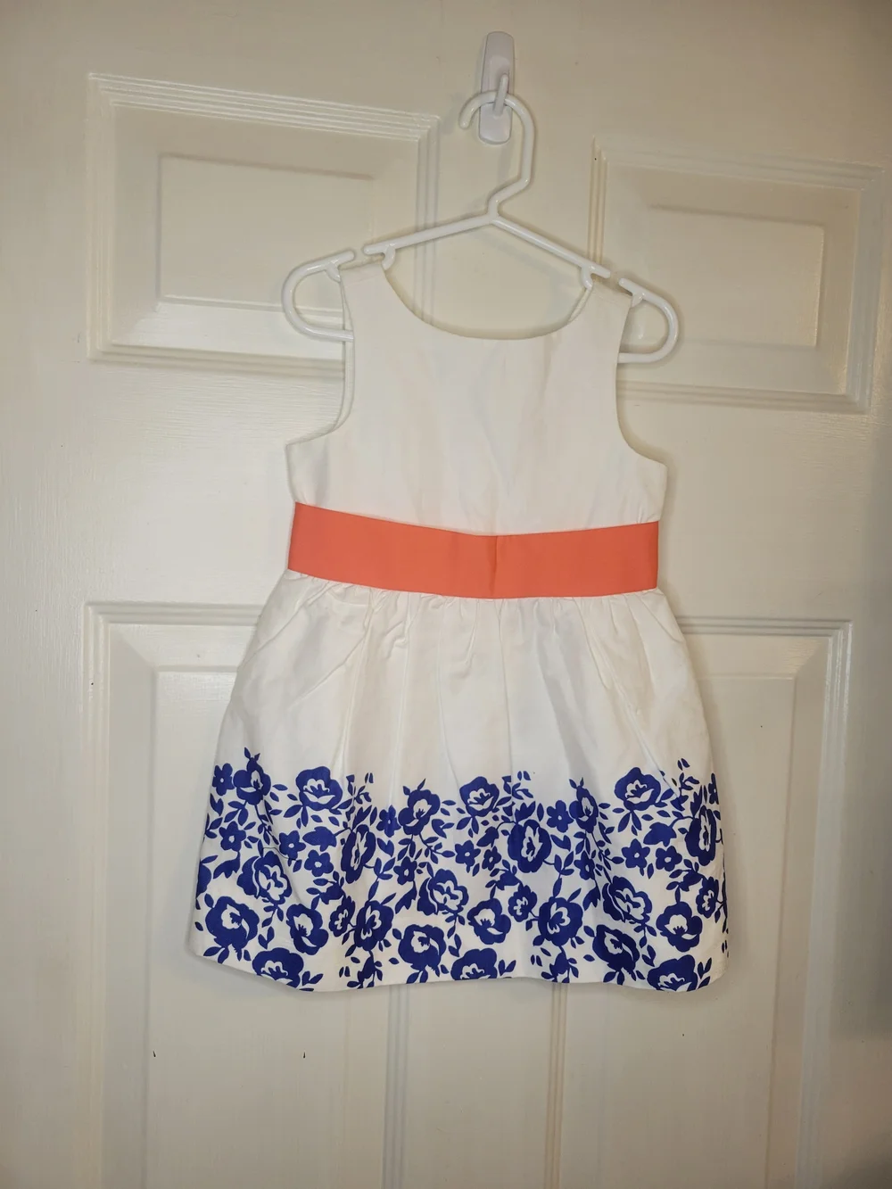 Janie and Jack White Dress with Blue Floral Border and Coral Waistband