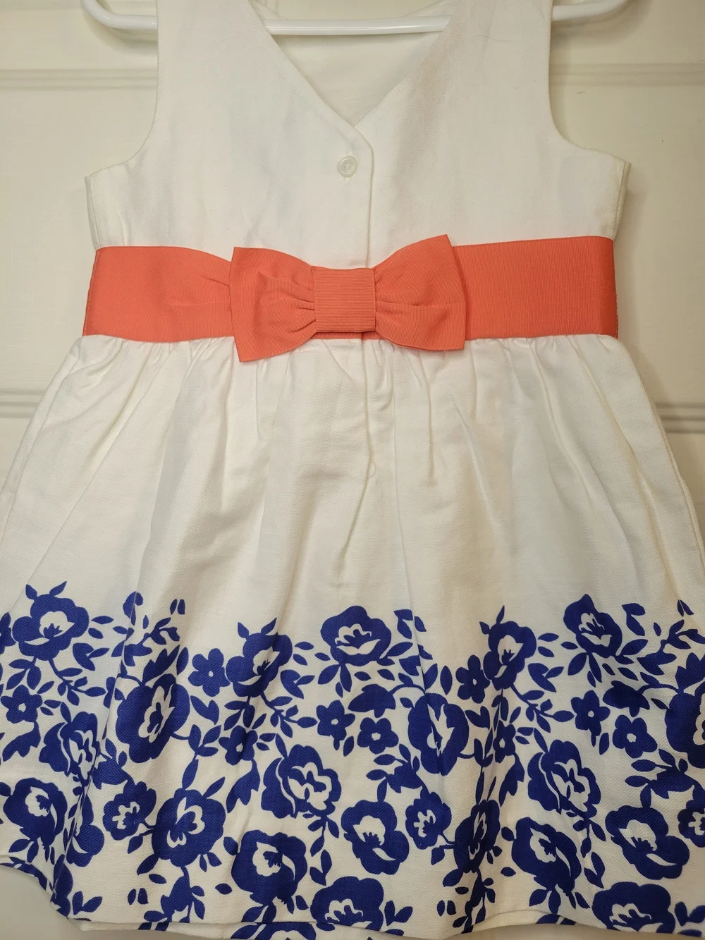 Janie and Jack White Dress with Blue Floral Border and Coral Waistband