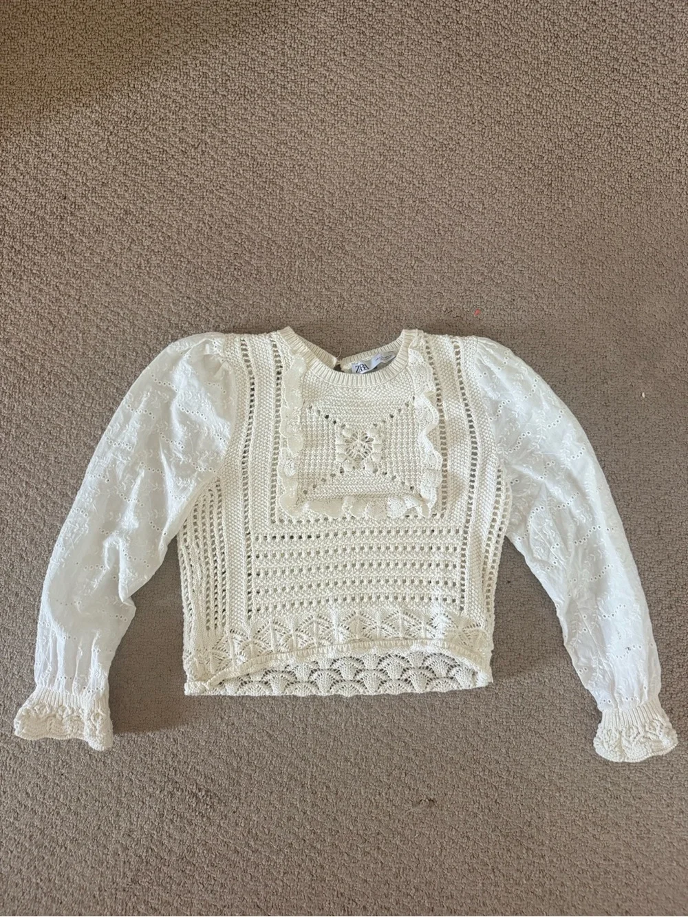 Zara White Crochet & Eyelet Long-Sleeve cropped Top