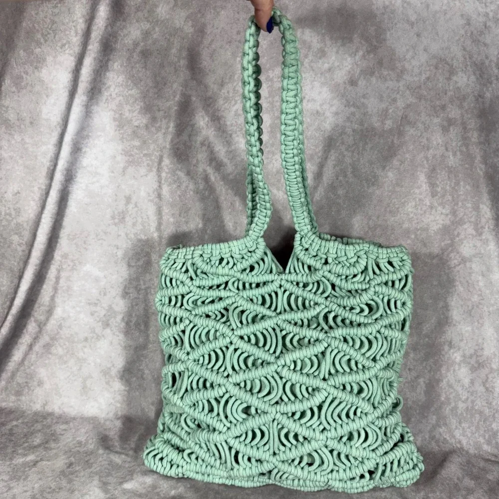 C&C California Macrame Tote Bag Sage Green Mint Knotted Boho Shoulder Bag NWOT
