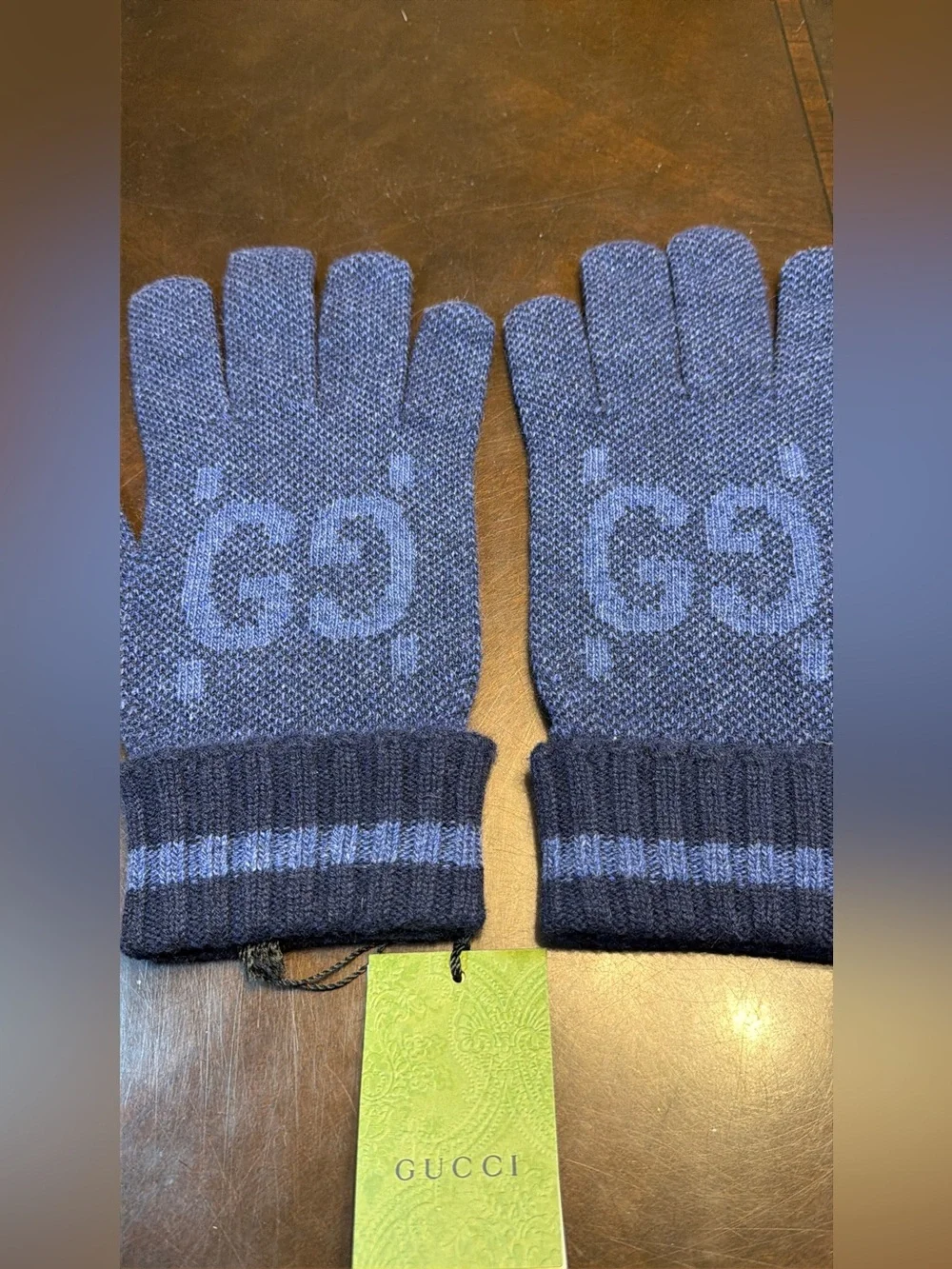 New Authentic Gucci GG Logo Cashmere Gloves Blue Size L