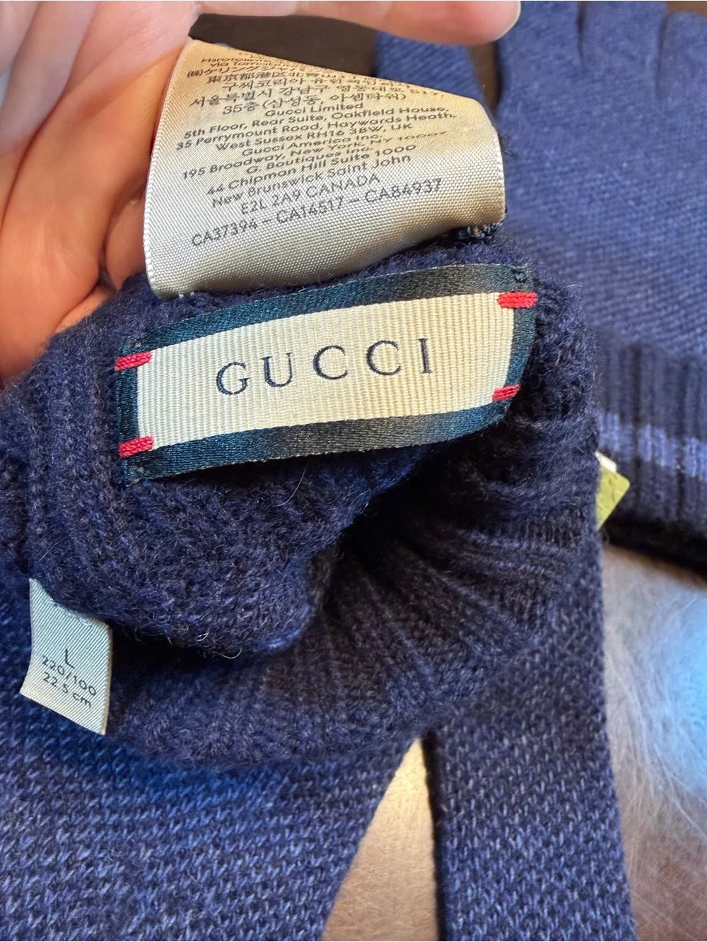 New Authentic Gucci GG Logo Cashmere Gloves Blue Size L
