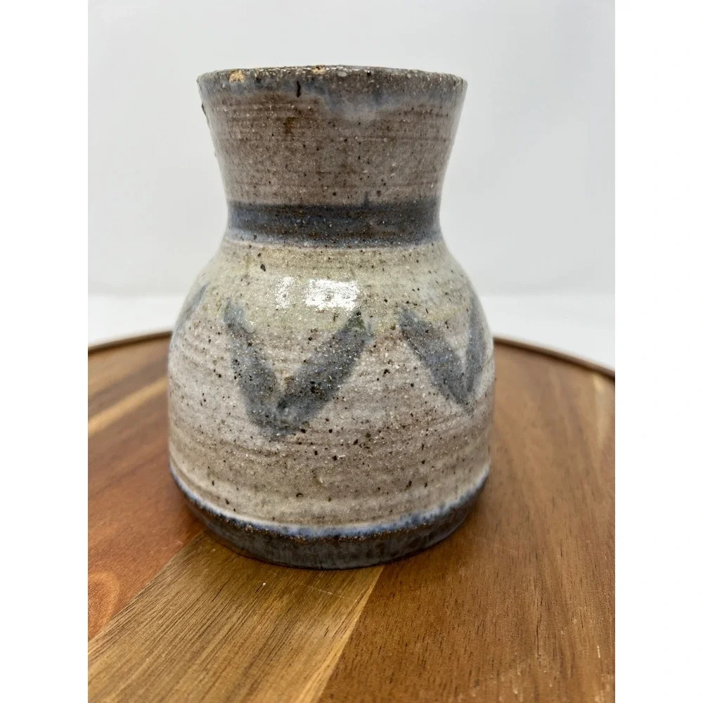 Handmade Ceramic Vase Rustic Beige Blue Zigzag Pattern‎ Small Bud Vase
