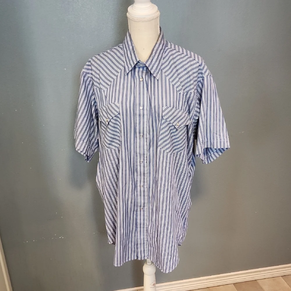 Western Rubbock Pinstripe Short Sleeve Pearl Snap Shirt USA Union Made Cowboy
