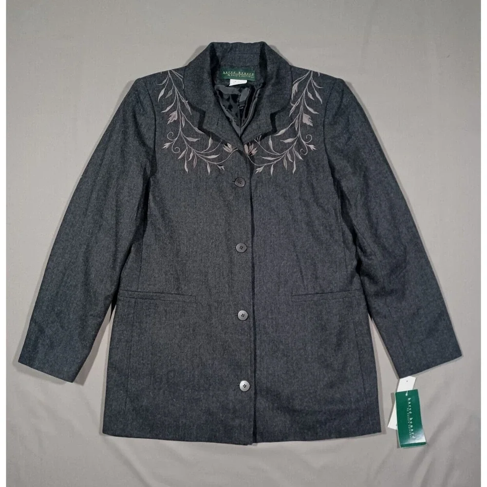 Harve Bernard Jacket Womens 6 Gray Embroidered‎ Wool Blend Blazer New