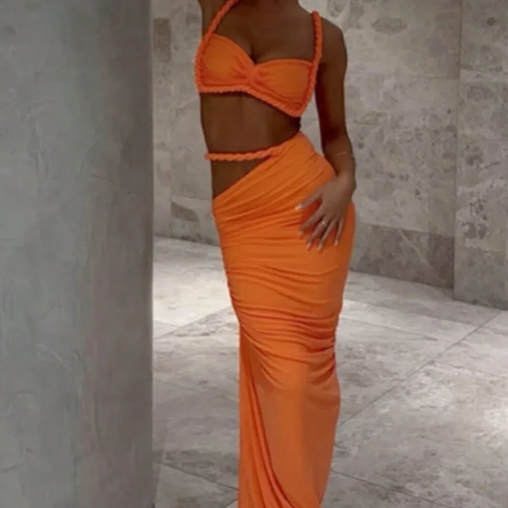 Orange Women's Sexy Backless Camisole top, Hip Hugging maxi Skirt Set