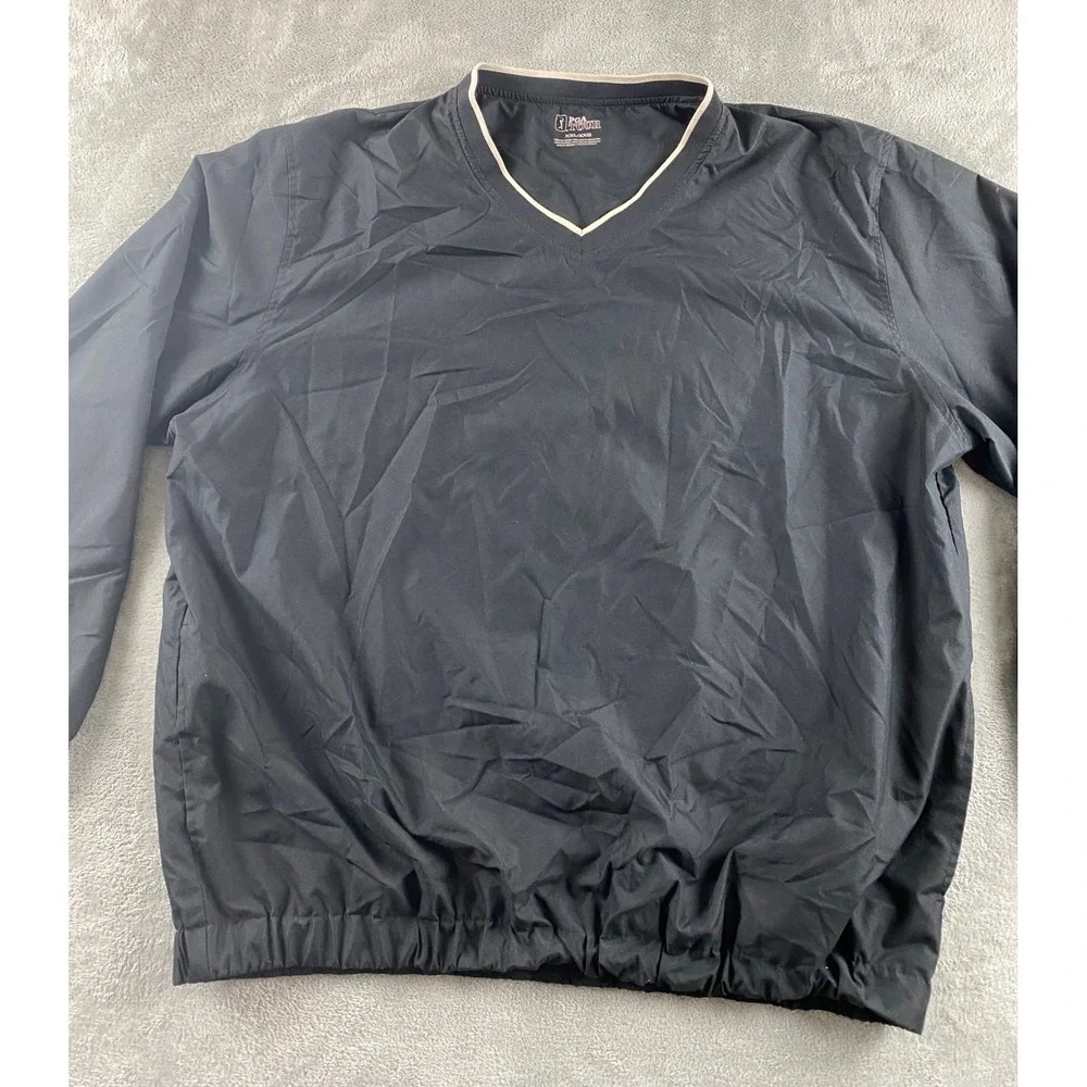 PGA Tour Mens XXL Black V-Neck Golf Windshirt Pullover Long Sleeve Windbreaker