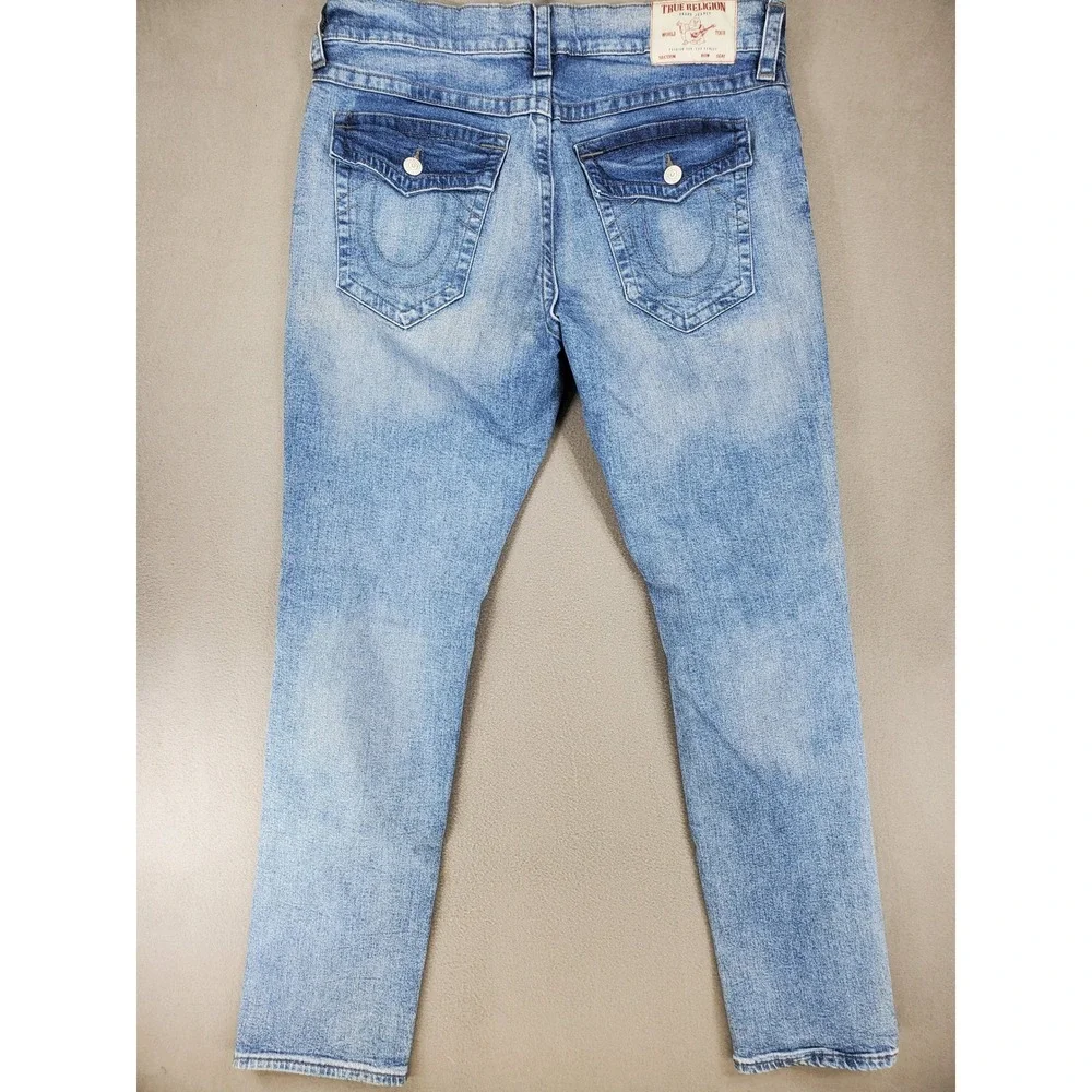 True Religion Geno Relaxed Slim Jeans Mens 38 Blue Distressed Ripped Denim