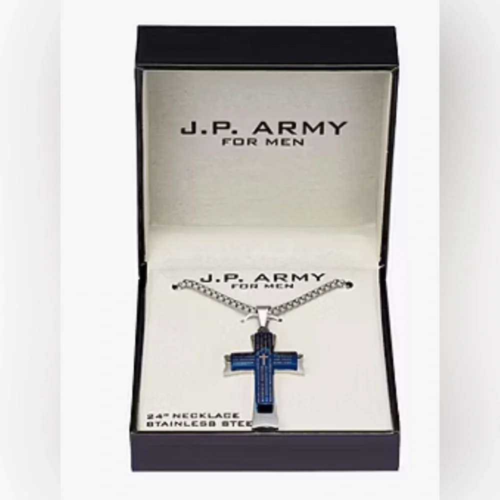 J.P. Army Men's Jewelry Stainless Steel 24 Inch Link Cross Pendant Necklace