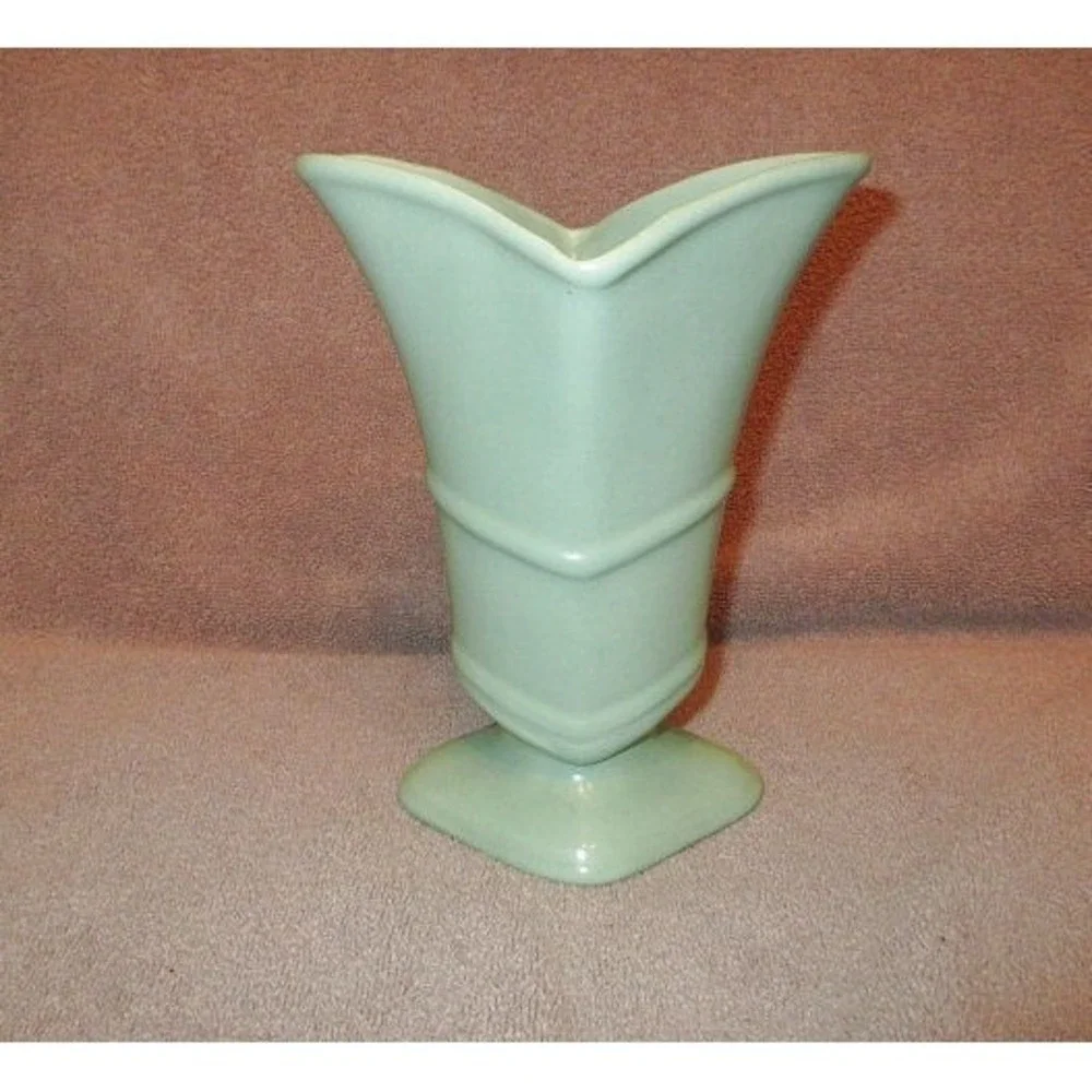 Vintage 1930s Pacific Pottery Vase Aqua Flared Rim Art Deco MCM Chevron USA Made