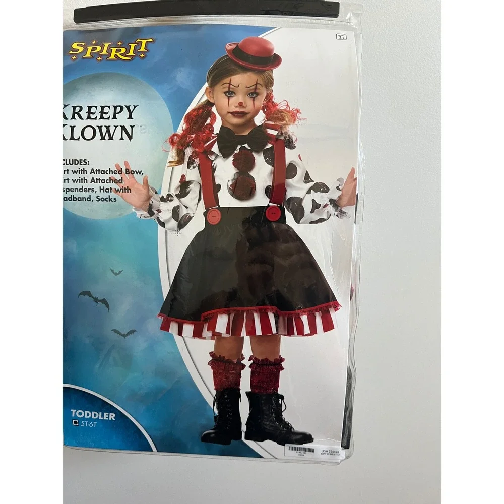 Spirit Halloween Kreepy‎ Klown Toddler Costume Sz 5T 6T Shirt Skirt Hat Socks