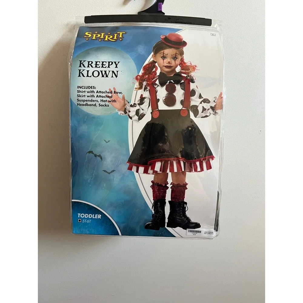 Spirit Halloween Kreepy‎ Klown Toddler Costume Sz 5T 6T Shirt Skirt Hat Socks