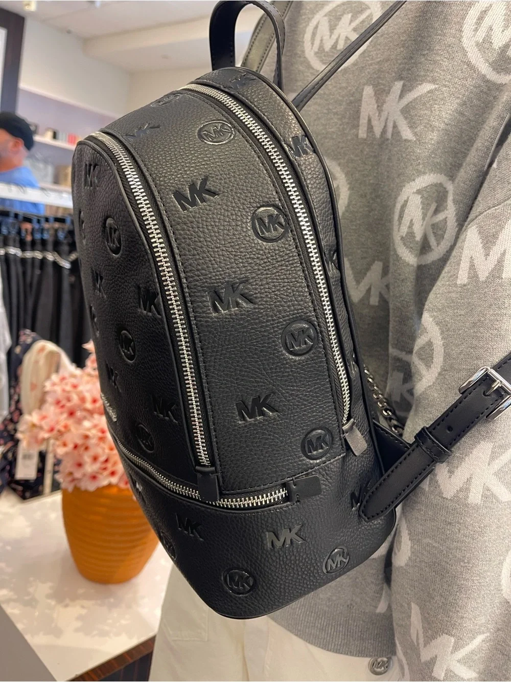 Michael Kors Rhea Medium Zip MK Logo Debossed Backpack Black NWT