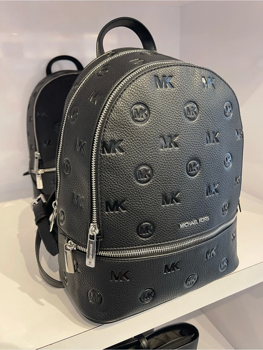 Michael Kors Rhea Medium Zip MK Logo Debossed Backpack Black NWT
