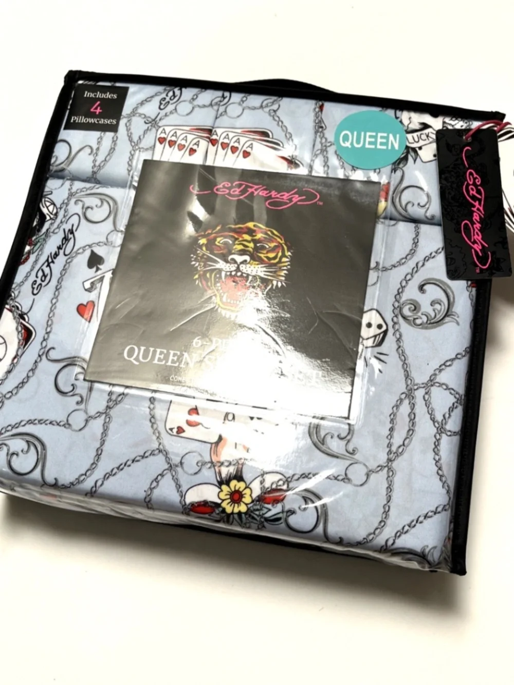 Ed Hardy Queen Sheet Set Skull Poker Cards Dice Blue 6pc Bedding NWT