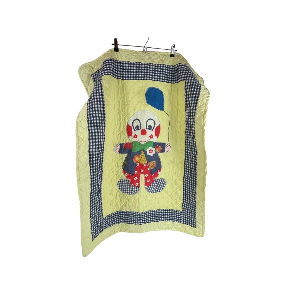 Vintage Handmade Clown Balloon Yellow Baby Crib Blanket Quilted