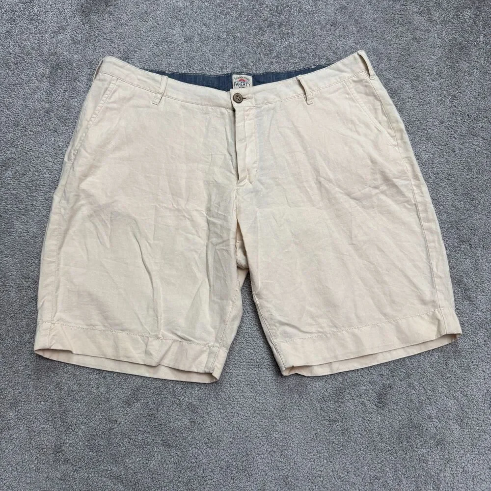 Faherty Linen Blend Chino Shorts Mens 34 Beige Flat Front Casual Summer Classic