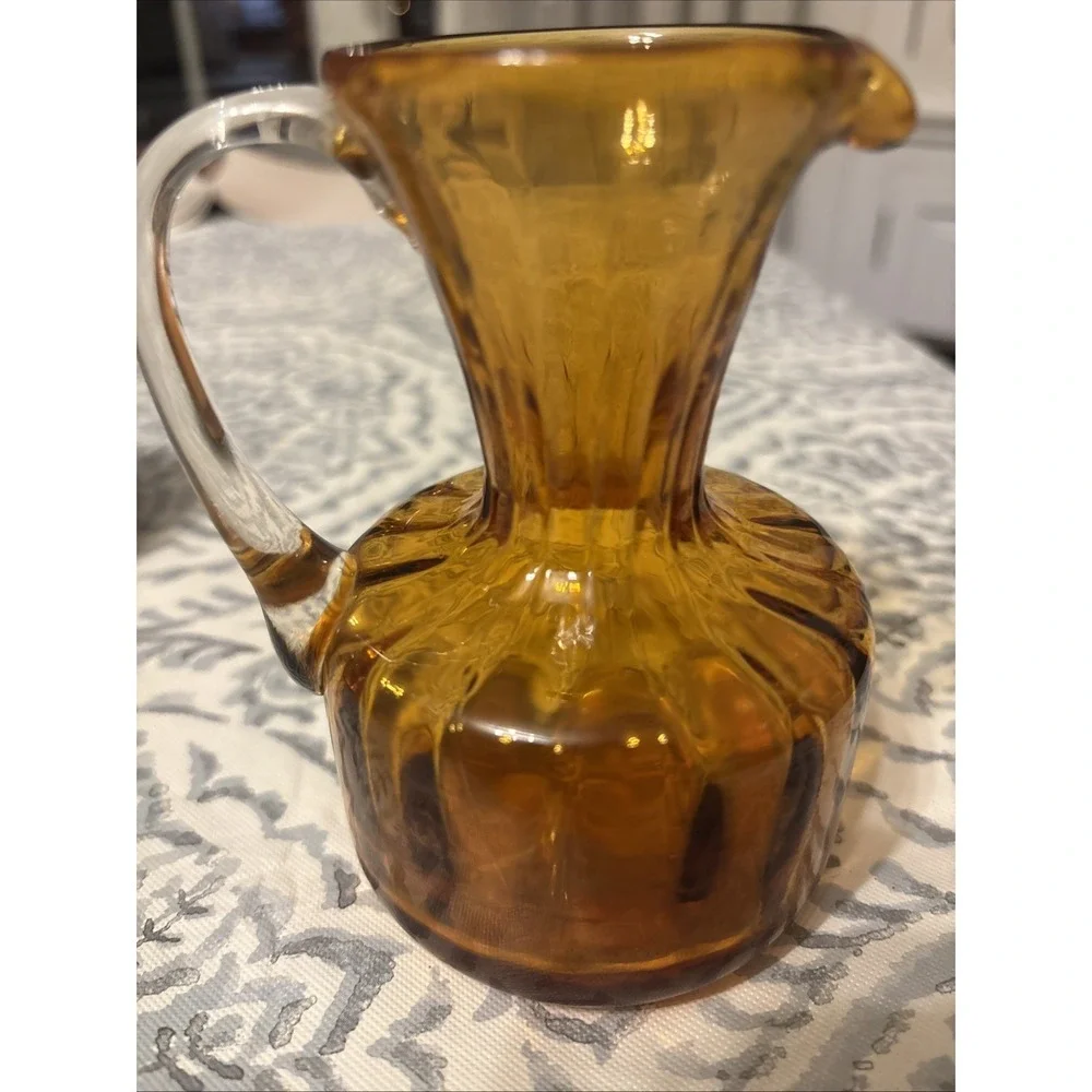 Vintage Blown Glass Pitcher Optic Gold Amber Handle Vase 4.5