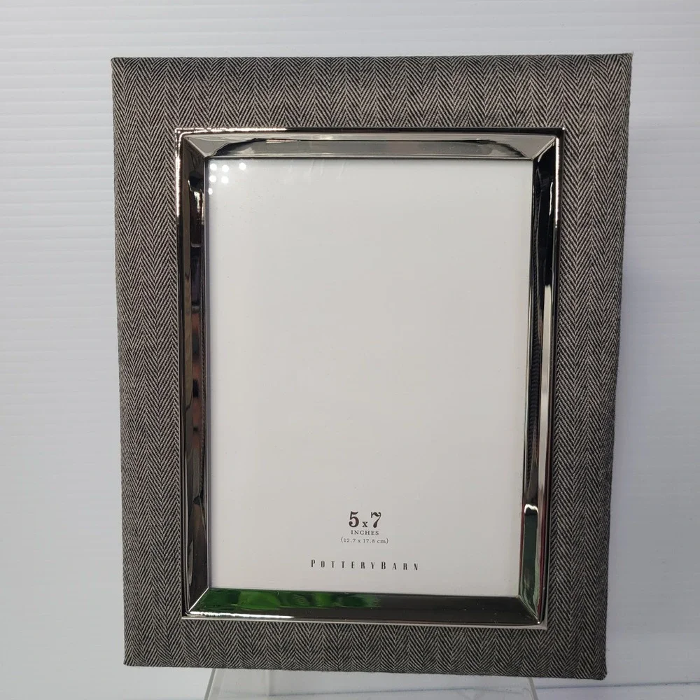 Pottery Barn Picture Frame 5x7 Herringbone Fabric Silver Trim NEW