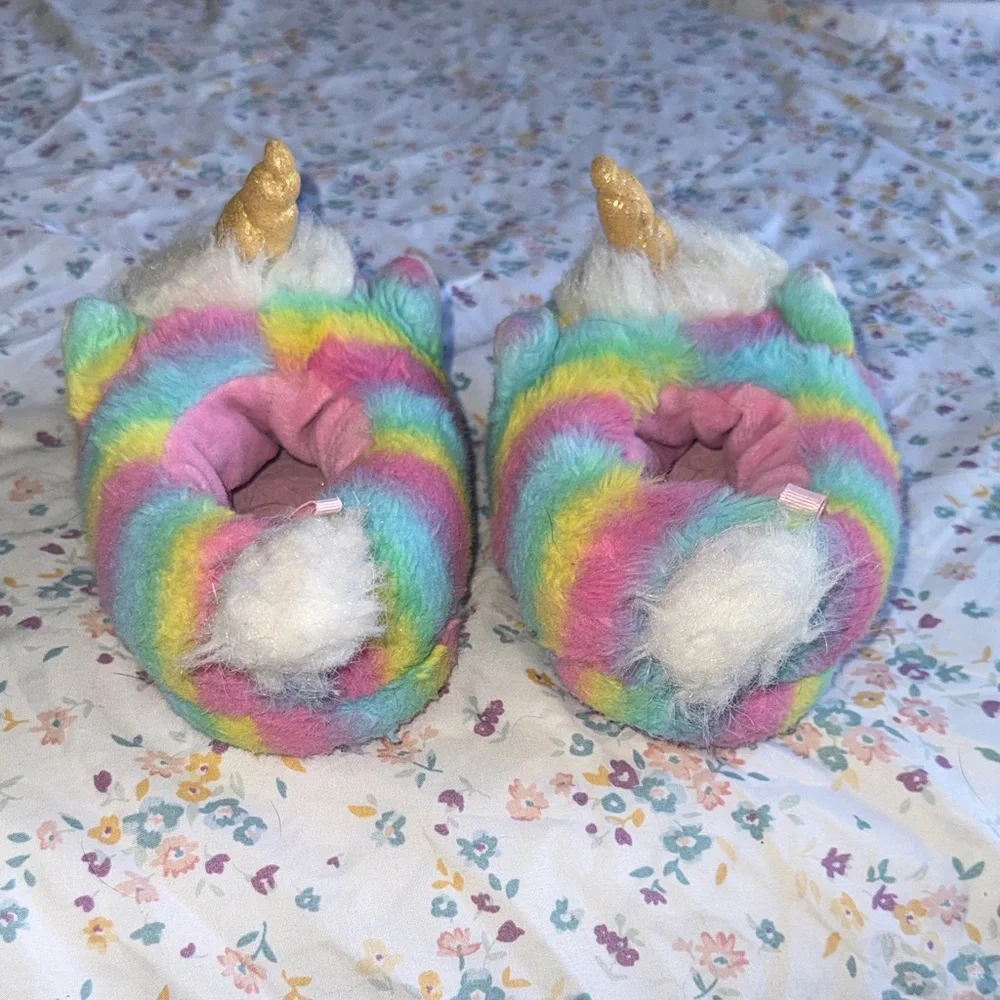 wonder nation Multicolor Rainbow Unicorn Plush Slippers with Gold Horns