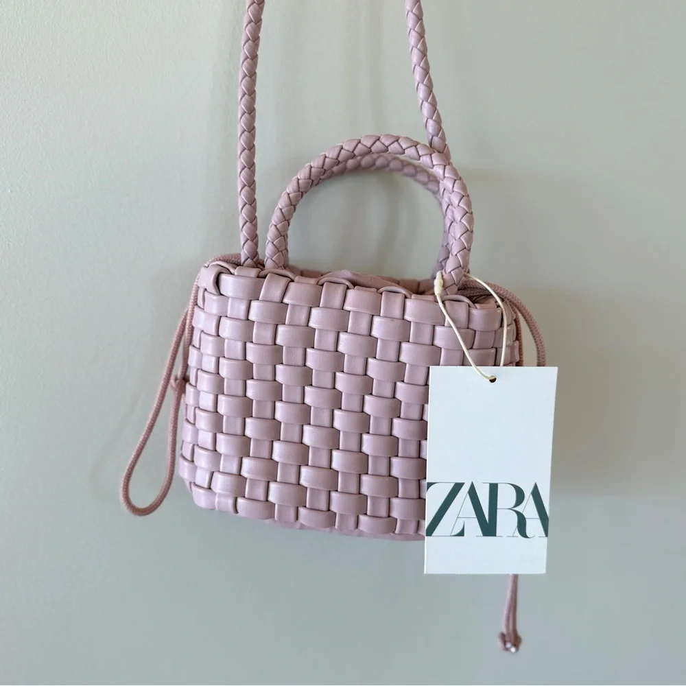 NWT Zara Girls Mauve Woven Crossbody Mini Bag Drawstring Braided Strap