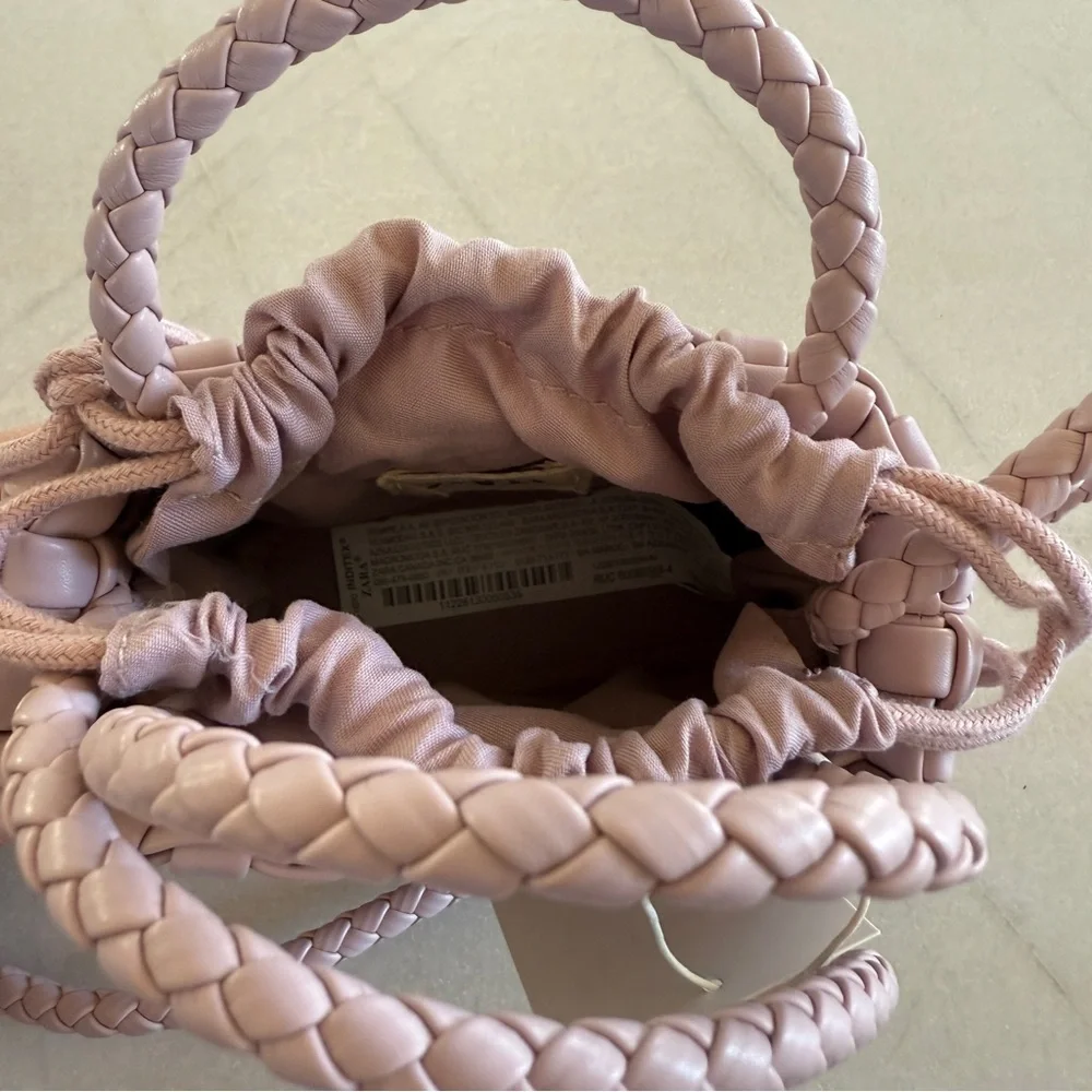 NWT Zara Girls Mauve Woven Crossbody Mini Bag Drawstring Braided Strap