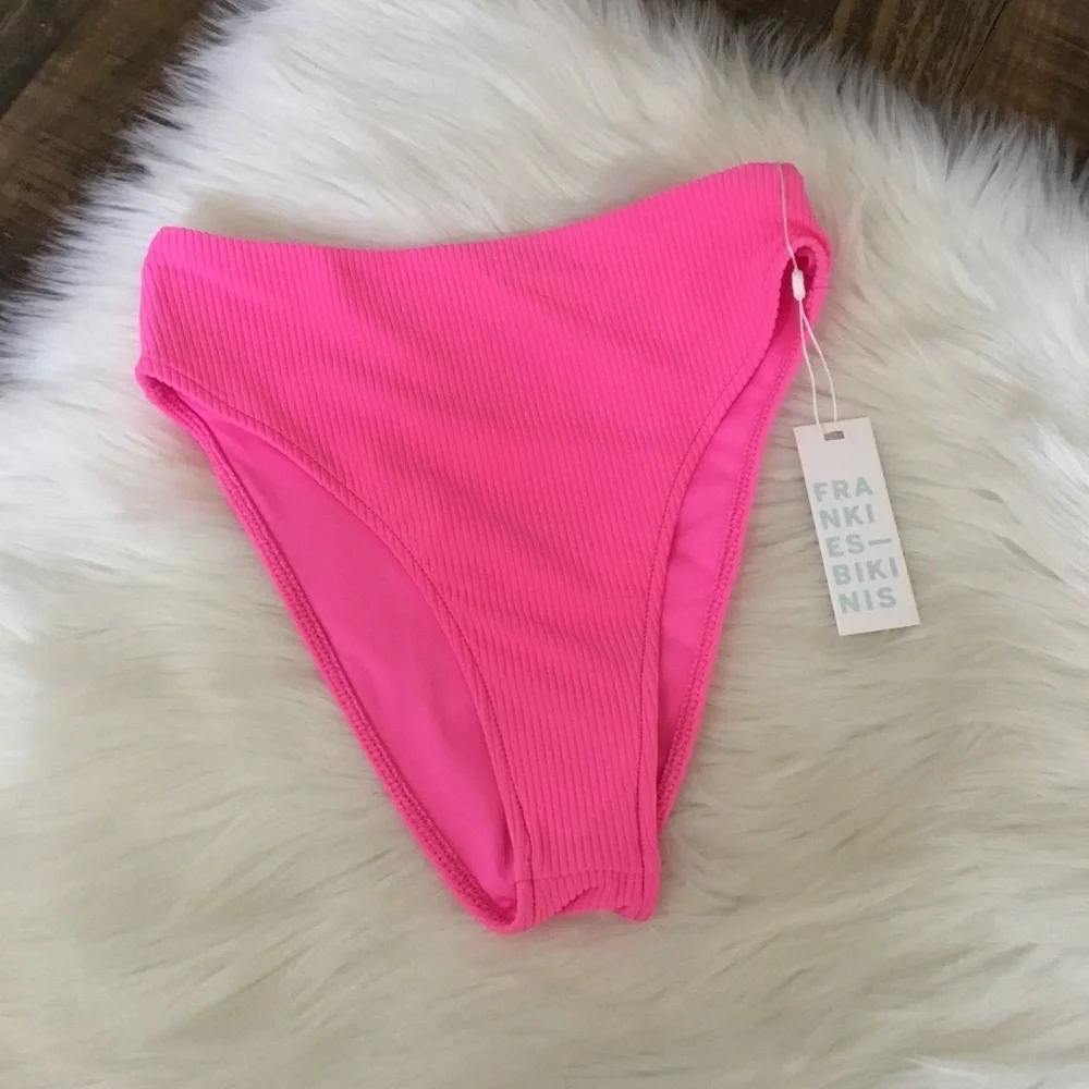 Frankie’s Bikinis Jenna Bright Pink Ribbed Bikini Bottoms Size XS