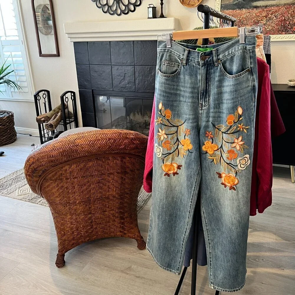 Sandrine Rose Jeans Womens Size 25 Floral Embroidered Wide Leg 100% Cotton